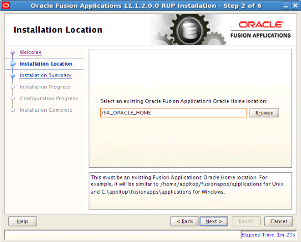 Installation Location screen, described in surrounding text.
