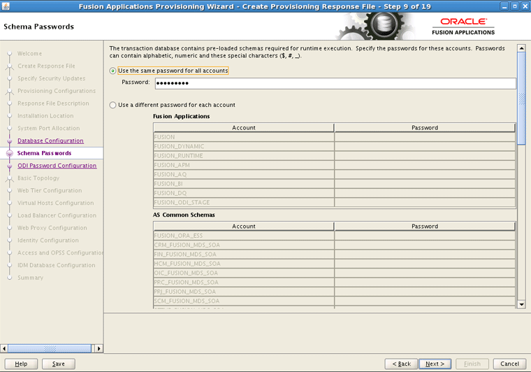 Schema Passwords Screen
