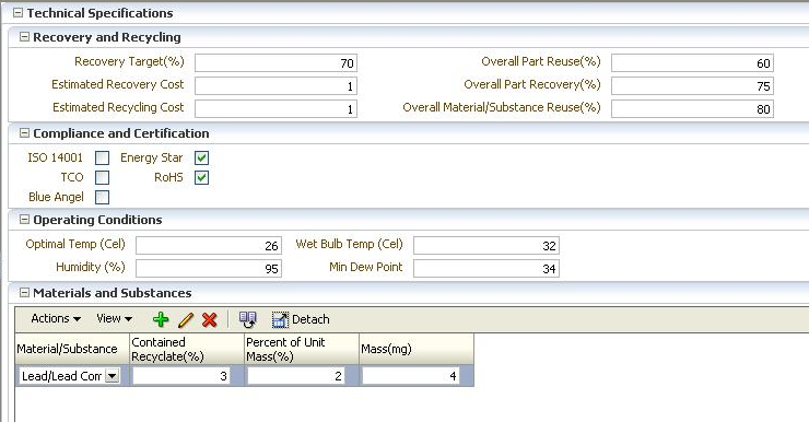 Technical specifications page with associated contexts