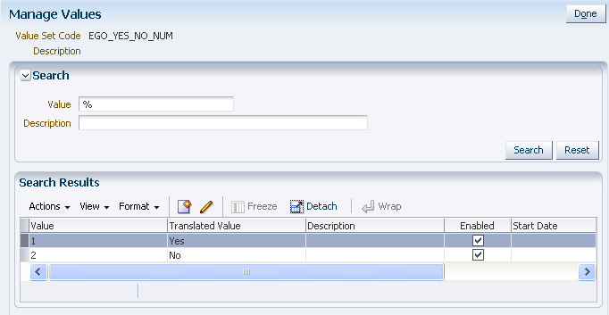 Manage Values page