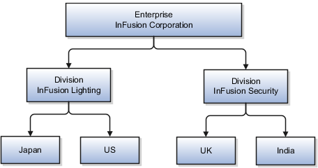 A figure that shows an enterprise with
divisions and countries in which the divisions operate