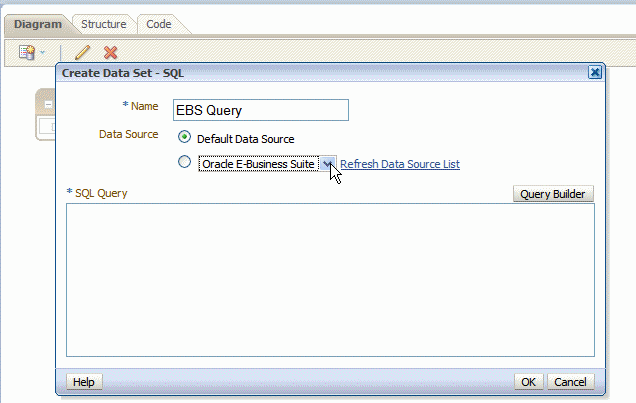 E-Business Suite data source shown in data model editor