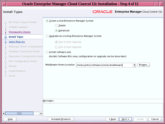Install Types Screen - Advanced Install Type Selected