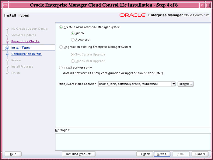 Install Types Screen - Simple Install Type Selected