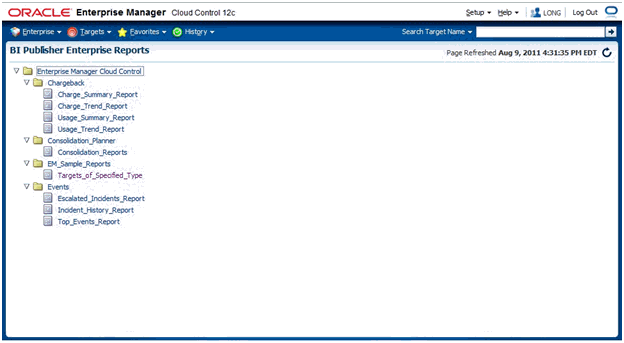 graphic shows the BIP reports listing from the Enterprise Manager console.