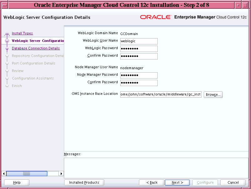 WebLogic Server Configuration Details Screen