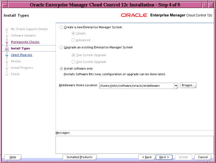 Install Types Screen - Software Only Install Type Selected