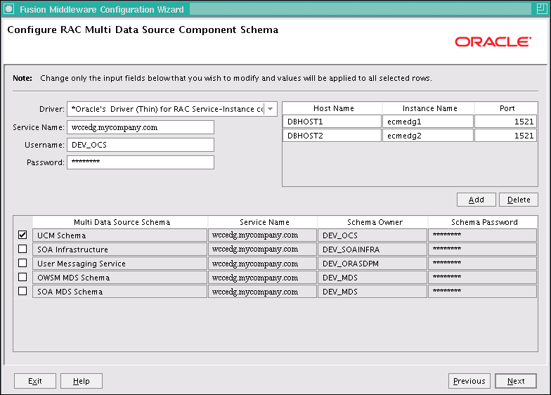 Configure RAC Multi Data Source Component Schema screen