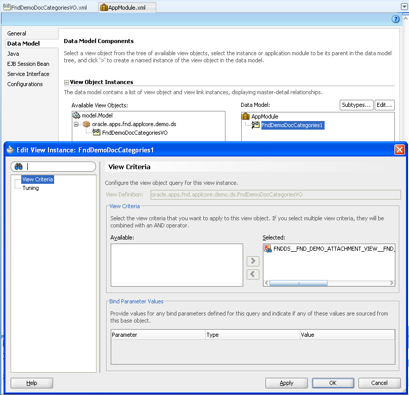 AM overview editor with Edit View Instance dialog displayed
