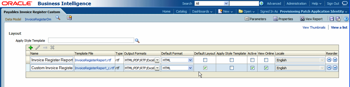 Report layouts shown in the list view