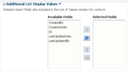 This is a screenshot of the Additional
List Display Values region, which you set up when you define a dynamic
choice list custom field.
