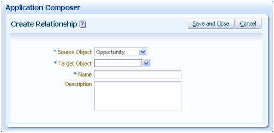 This is a screenshot of the Create
Relationship page in the Oracle Fusion CRM Application Composer.