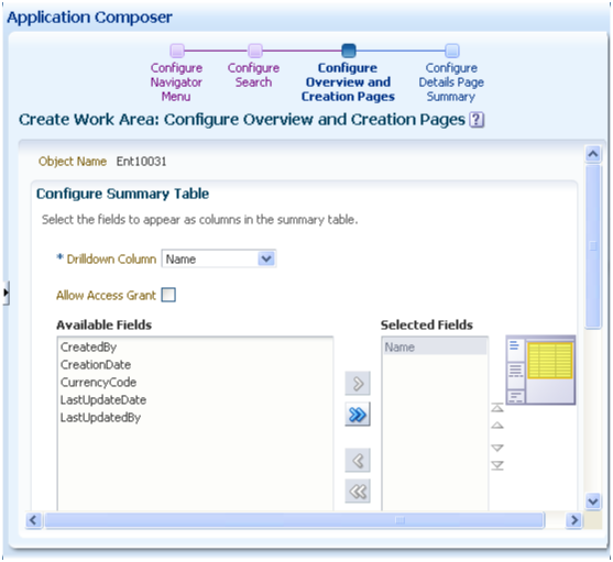 This is a screenshot of how you configure
the overview page and createion page, which appear in a custom object's
work area.