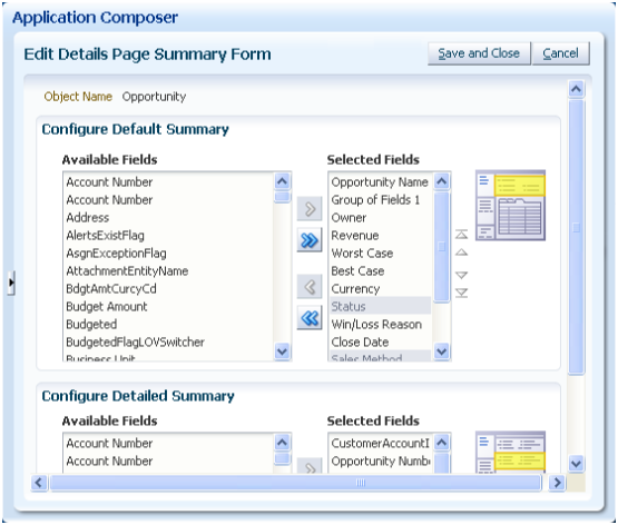This is a screenshot of the Edit Details
Page Summary Form page, one of the work area configuration pages in
the Oracle Fusion CRM Application Composer.