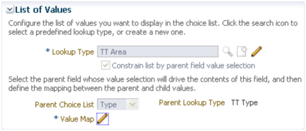 This is a screenshot of the List of
Values region, which you can configure when defining a fixed choice
list.