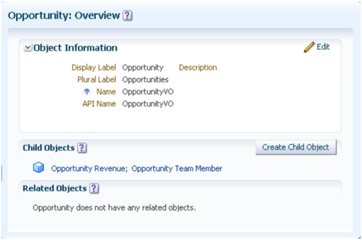 This is a screenshot of the Object
Overview page for an object, in the Oracle Fusion CRM Application
Composer.