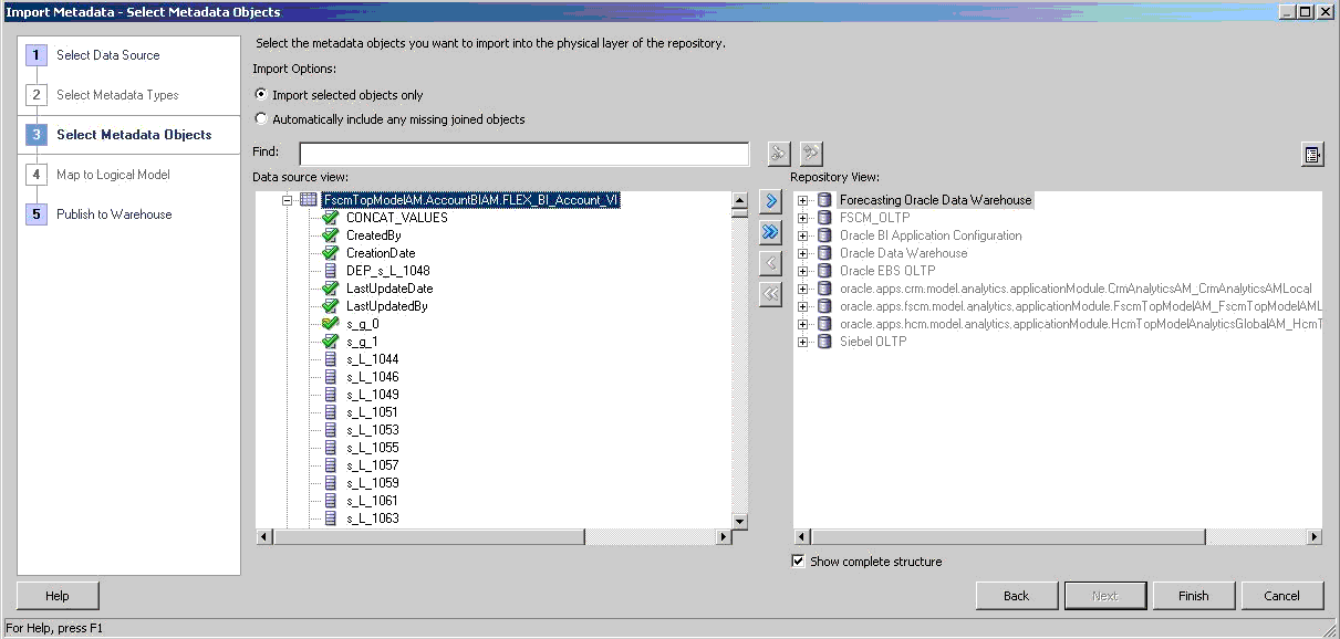 This screen shot displays the Import Metadata Select Metadata Objects Wizard.