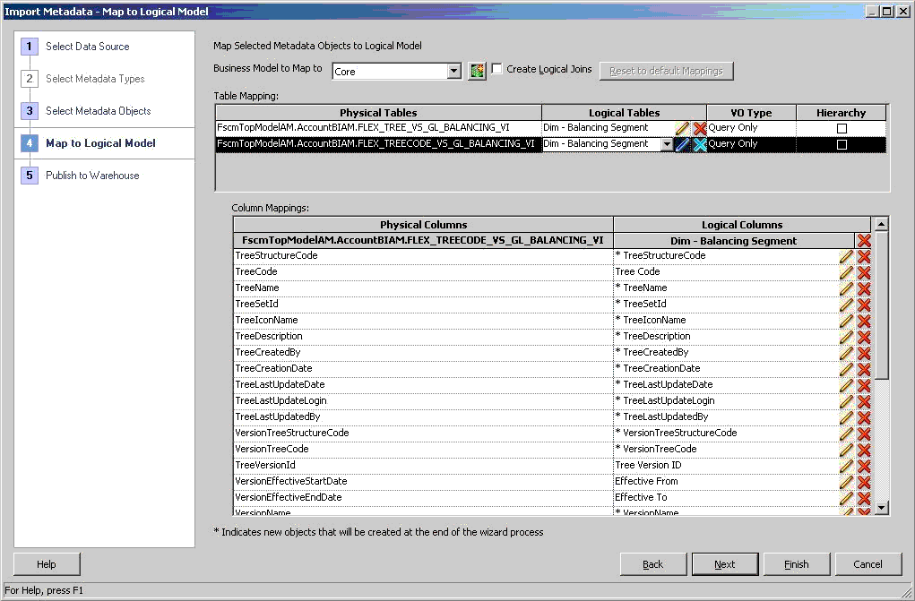 This screen shot displays the Import Metadata Map to Logical Model Wizard for selecting the Tree Based Segment logical dimension to which the Flexfield Tree Code and Tree view objects are mapped.