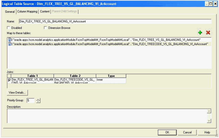 This screen shot shows the addition of the New Flexfield Tree Code VO Alias physical table; the figure also shows the setting of the Priority Group for the New Tree Based Qualified Segment Logical Dimension LTS.