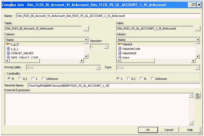 This screen shot displays the complex physical join for the Role Playing Value Set Based AR Distribution Natural Account Segment Logical Dimension.