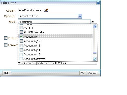 This screen shot displays the Value box options from the Edit Filter dialog box.