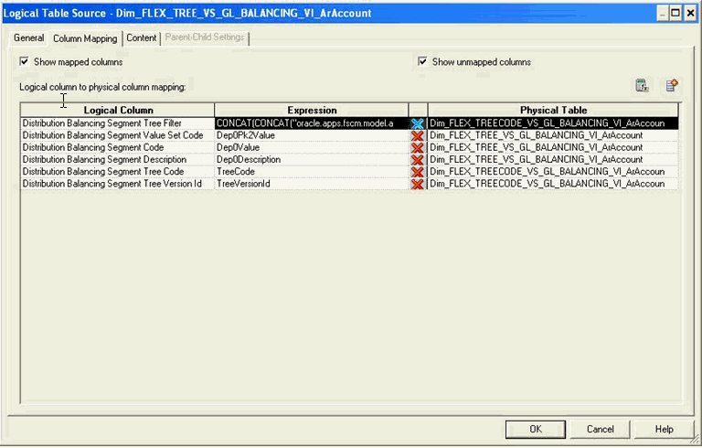 This screen shot shows the mapping of the logical columns of the new tree based Qualified Segment Logical Dimension LTS
