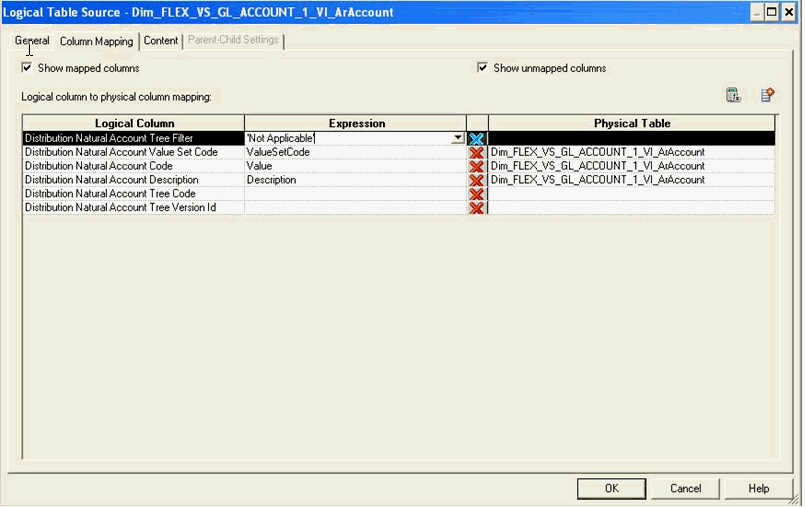 This screen shot shows the mapping of the logical columns of the new value set based Qualified Segment Logical Dimension LTS.