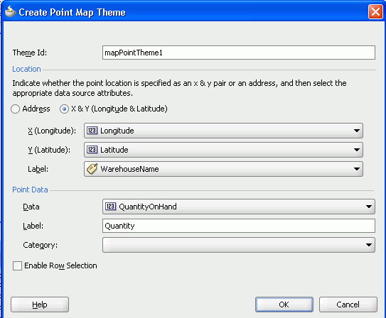 Binding dialog for point map theme for warehouse levels