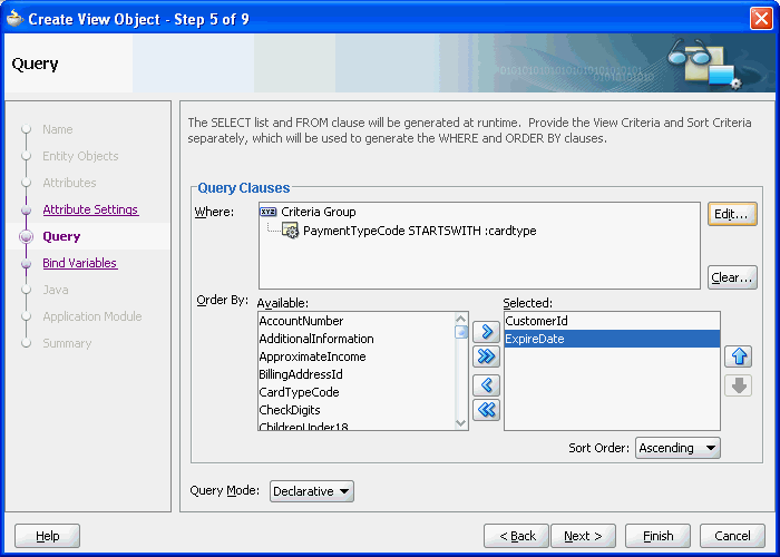 Step 5 of Create View Object wizard in SI mode