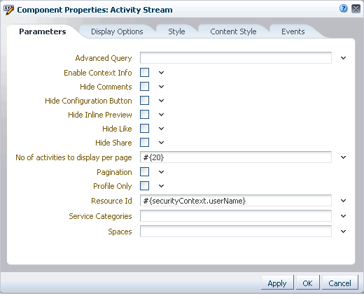 Activity Stream component properties