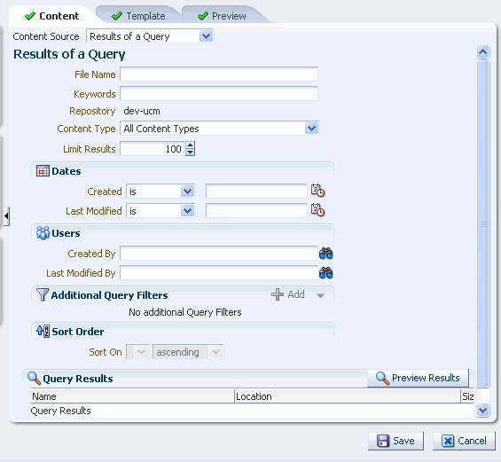 Results of a Query Pane: All Content Types