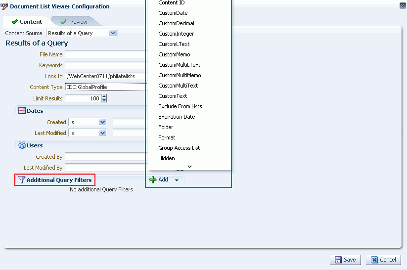 Results of a Query Pane: Selected Content Type