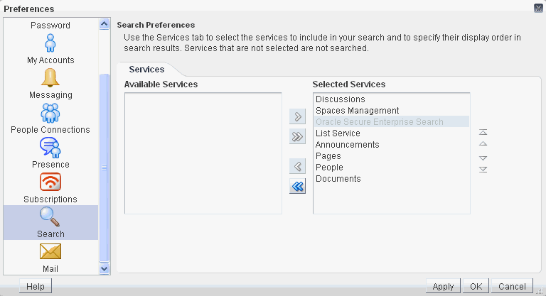 Search Preferences pane in Preferences dialog