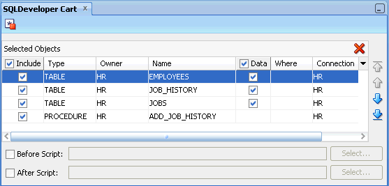 SQL Developer Cart window (described in surrounding text)