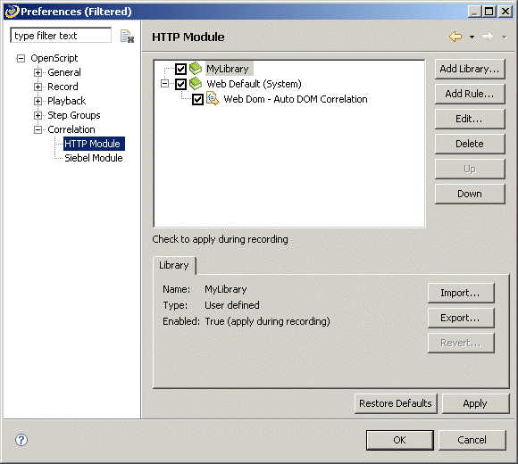 HTTP Module correlation preferences.