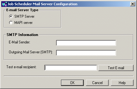 Job Scheduler Wizard Mail Server Configuration dialog box