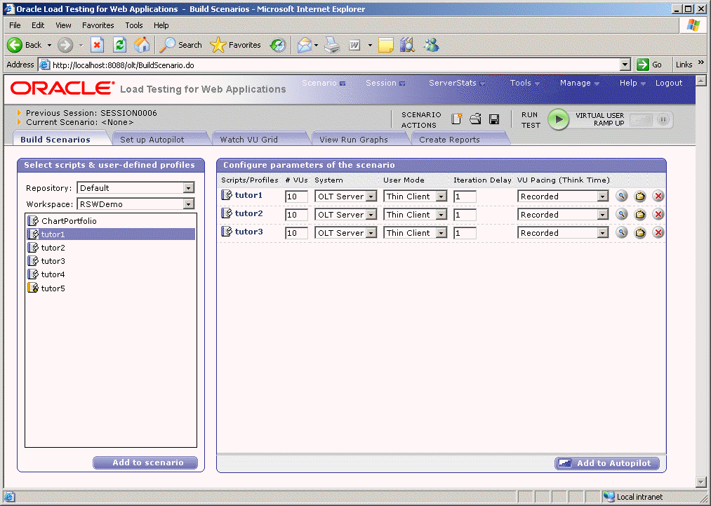 Oracle Load Testing for Web Applications main window.