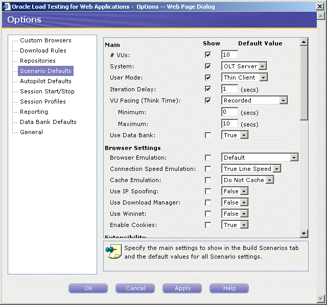 Scenario Defaults Options dialog box