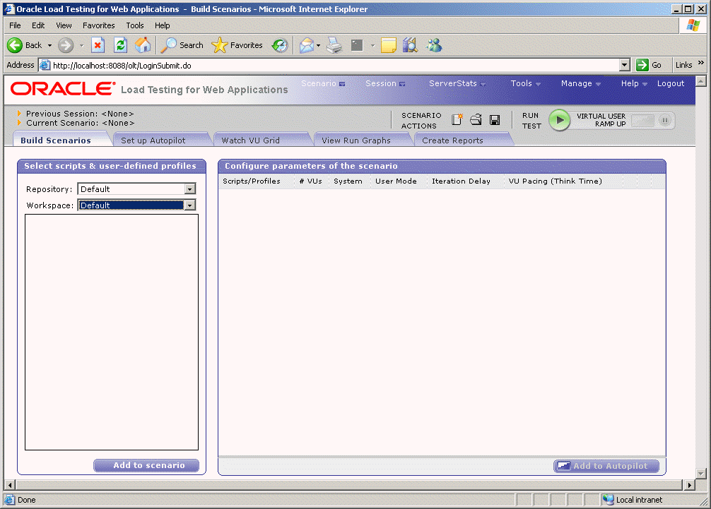 Oracle Load Testing for Web Applications Main Window