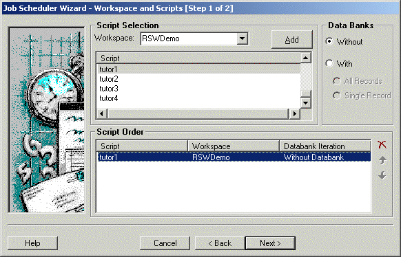 Job Scheduler Wizard Workspace and Scripts dialog box