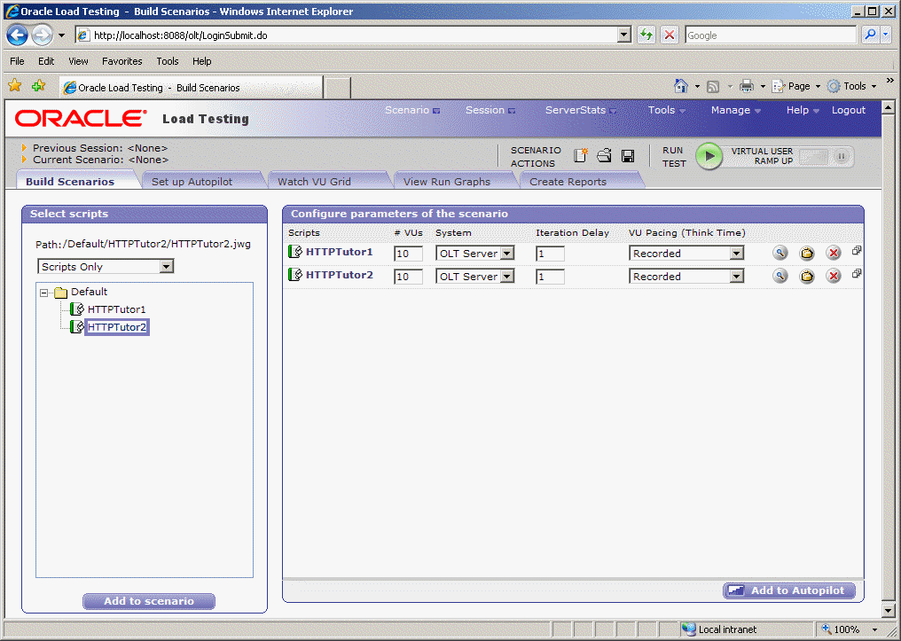 Oracle Load Testing for Web Applications main window.
