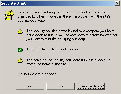 image:「Security Alert (セキュリティの警告)」ダイアログボックスの例