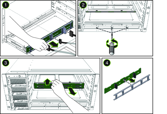 image:ドライブバックプレーンの取り外し方法を示す一連の図。