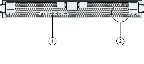 image:CMOD の前面と障害 LED、および内部温度センサーの一般的な位置を示す図 (吹き出し付き)。