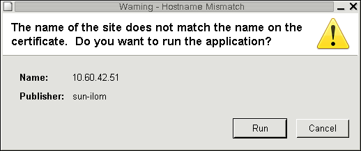image:「Hostname Mismatch」ダイアログボックスの画像。