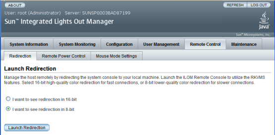 Oracle ILOM GUI Launch Redirection 화면의 예 image:Oracle ILOM GUI Launch Redirection 화면의 예