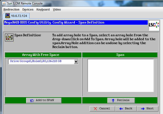 image:MegaRaid BIOS Config Utility Config Wizard의 스크린샷입니다. – Add to SPAN을 클릭합니다.