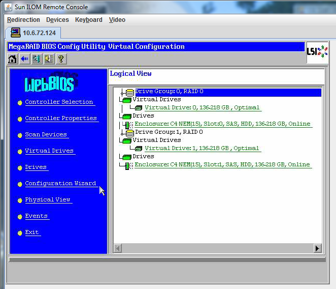 image:MegaRaid BIOS Config Utility Virtual Configuration 창의 스크린샷입니다.