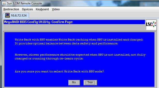 image:MegaRaid BIOS Config Utility Config Wizard 스크린샷입니다. – Yes를 클릭하여 확인합니다.