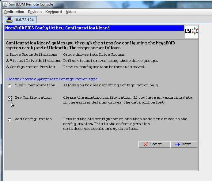 image:MegaRaid BIOS Config Utility Virtual Configuration 창의 스크린샷입니다.